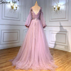 Vestidos de noche con mangas de linterna verde, corte A, con cuentas, de lujo, para mujer, para boda, fiesta, LA71477 