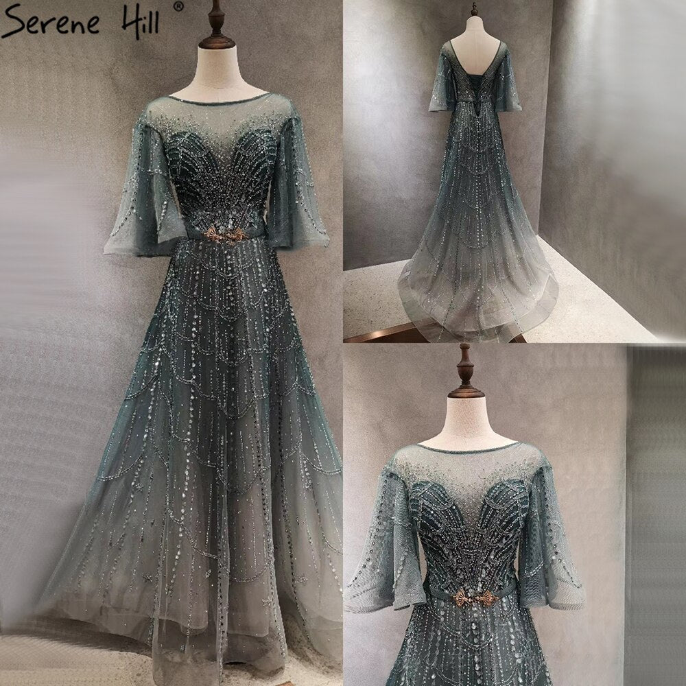 Vestidos de noche verdes con mangas largas acampanadas, corte A, de lujo, con pedrería, para mujer, fiesta, LA70822 