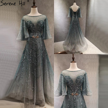 Vestidos de noche verdes con mangas largas acampanadas, corte A, de lujo, con pedrería, para mujer, fiesta, LA70822 
