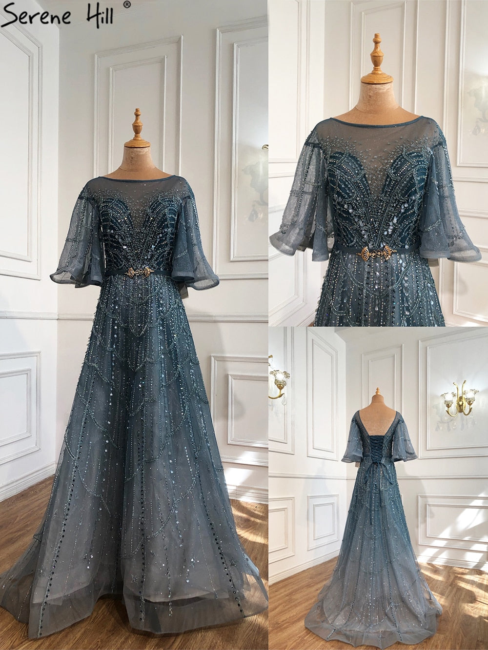 Vestidos de noche verdes con mangas largas acampanadas, corte A, de lujo, con pedrería, para mujer, fiesta, LA70822 
