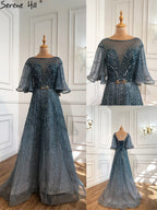 Vestidos de noche verdes con mangas largas acampanadas, corte A, de lujo, con pedrería, para mujer, fiesta, LA70822 