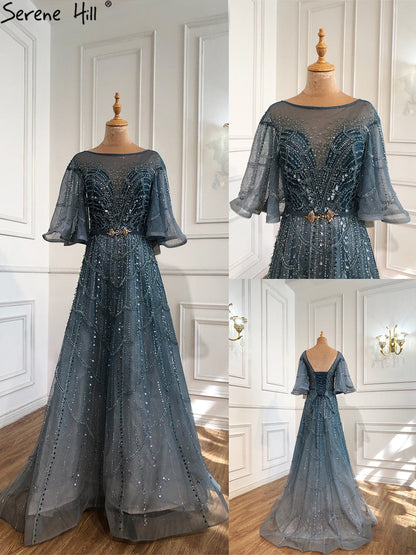 Vestidos de noche verdes con mangas largas acampanadas, corte A, de lujo, con pedrería, para mujer, fiesta, LA70822 