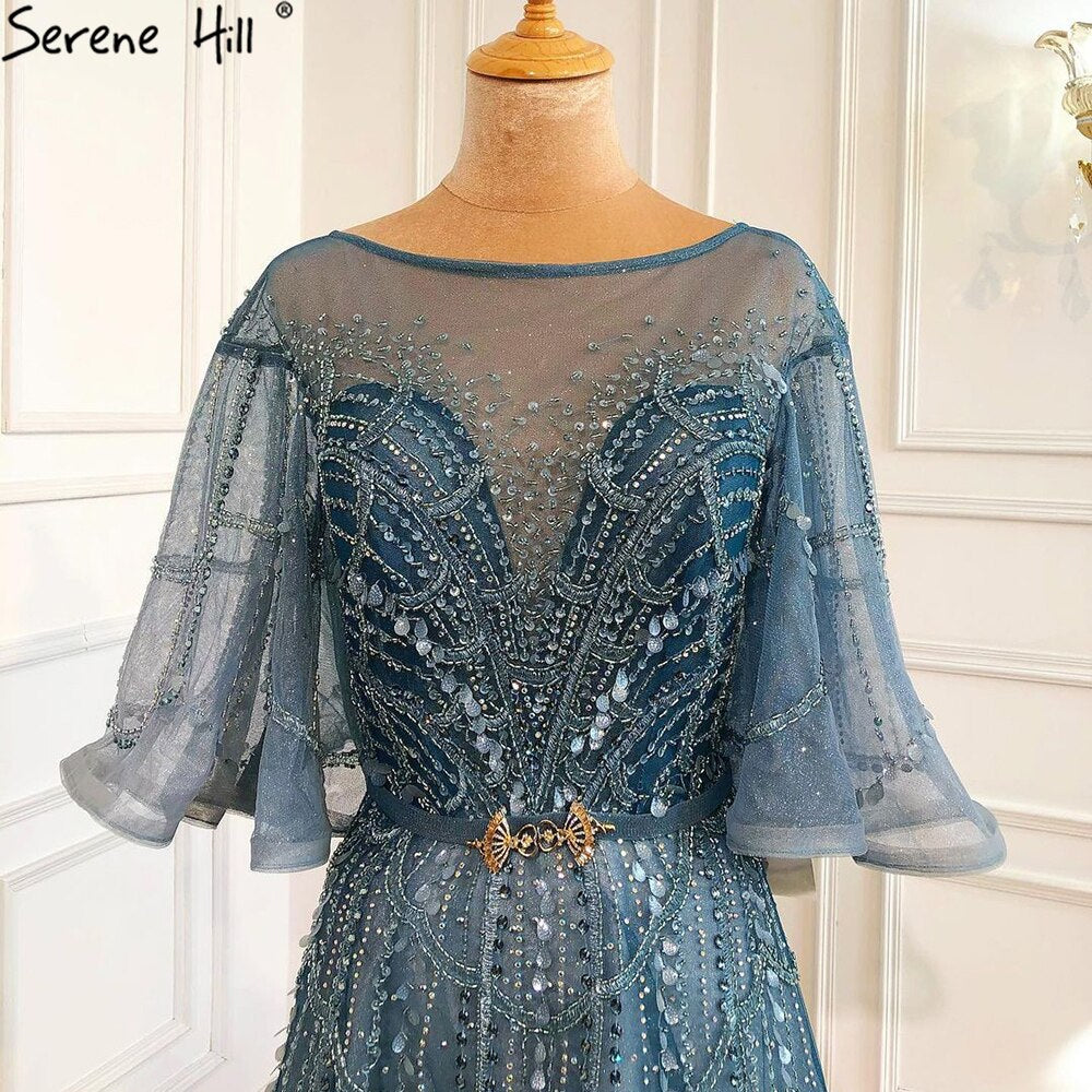 Vestidos de noche verdes con mangas largas acampanadas, corte A, de lujo, con pedrería, para mujer, fiesta, LA70822 