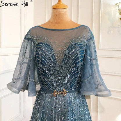 Vestidos de noche verdes con mangas largas acampanadas, corte A, de lujo, con pedrería, para mujer, fiesta, LA70822 