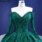 Vestidos de novia de lujo con cuentas verdes 2025, mangas largas, vestidos de novia de alta gama HM67368, hechos a medida 