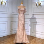 Vestidos de noche de sirena de lujo verde 2025, mangas casquillo, con cuentas, elegantes para mujer, fiesta LA71438 