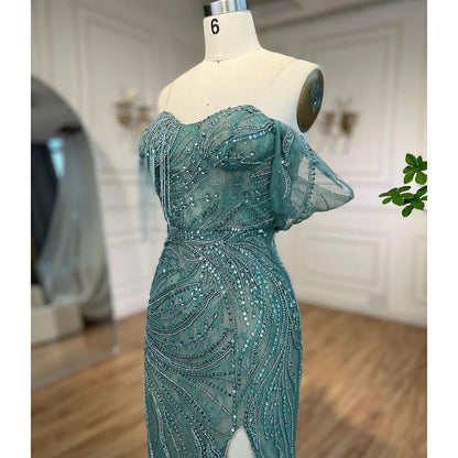 Vestidos de noche de sirena de lujo verde 2025, mangas casquillo, con cuentas, elegantes para mujer, fiesta LA71438 