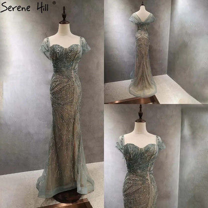 Vestidos de noche de sirena de lujo verde 2025, mangas casquillo, con cuentas, elegantes para mujer, fiesta LA71438 
