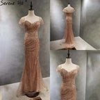 Vestidos de noche de sirena de lujo verde 2025, mangas casquillo, con cuentas, elegantes para mujer, fiesta LA71438 