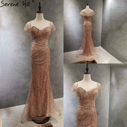 Vestidos de noche de sirena de lujo verde 2025, mangas casquillo, con cuentas, elegantes para mujer, fiesta LA71438 