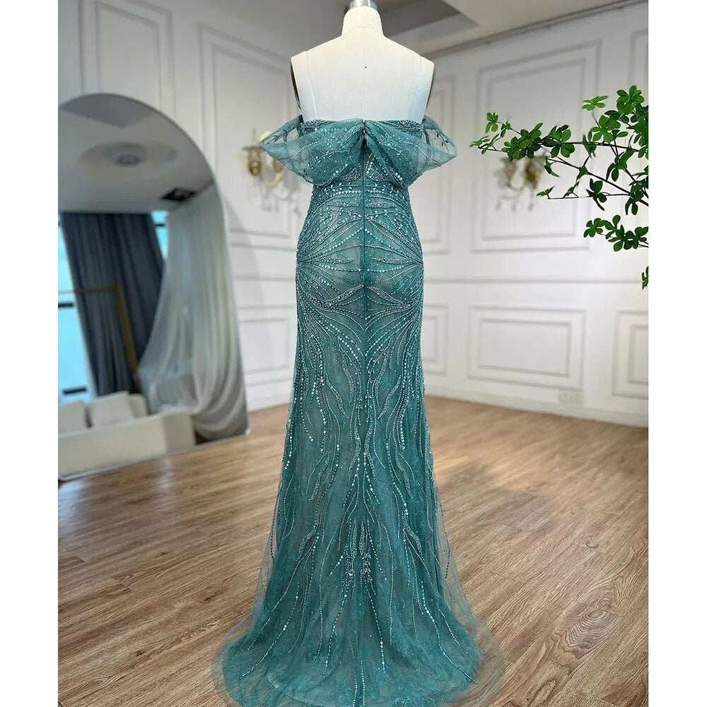 Vestidos de noche de sirena de lujo verde 2025, mangas casquillo, con cuentas, elegantes para mujer, fiesta LA71438 