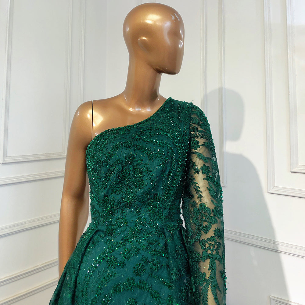 Grün Luxus Eine Schulter Abendkleider Kleider 2025 Perlen Meerjungfrau Elegante Überrock Für Frauen Party LA71607 
