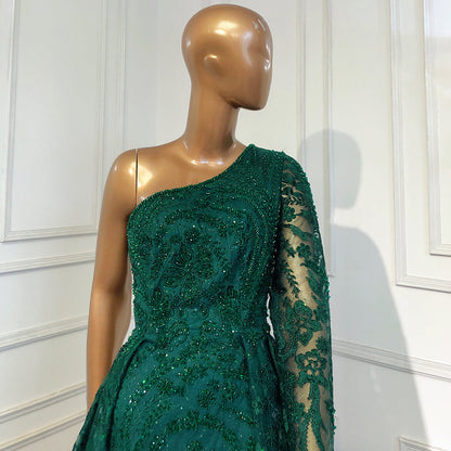 Vestidos de noche verdes de lujo con un solo hombro, elegantes vestidos de sirena con cuentas, sobrefalda para mujer, fiesta LA71607 
