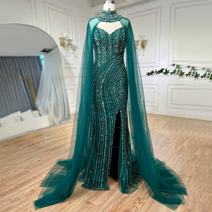 Vestido de noche árabe de sirena verde con abertura y mangas estilo capa con cuentas 2025 para mujer, fiesta de boda LA72073A 