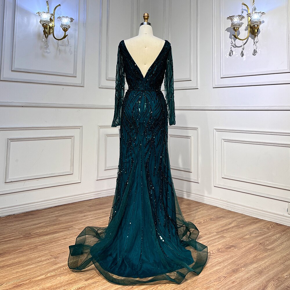 Vestidos de noche de sirena verde con cuentas, 2025, de satén elegante y de lujo para mujer, para fiesta, LA71860 