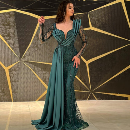 Vestidos de noche de sirena verde con cuentas, 2025, de satén elegante y de lujo para mujer, para fiesta, LA71860 