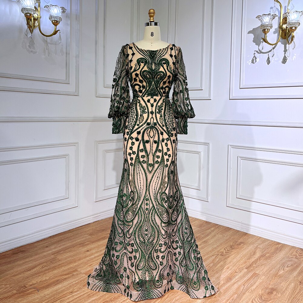 Elegante vestido de noche verde sirena con mangas abullonadas, encaje y cuentas, para mujer musulmana, fiesta 2025 LA71840 
