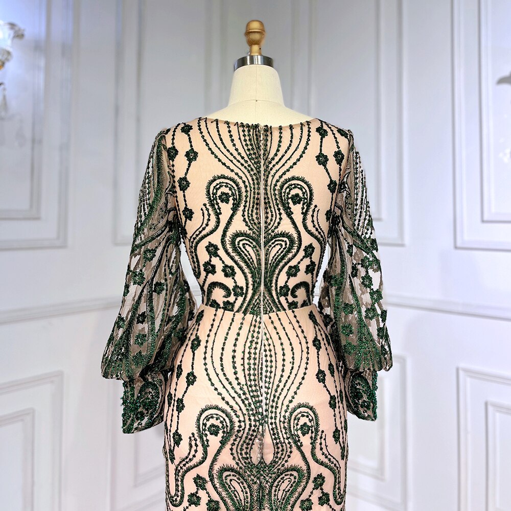 Elegante vestido de noche verde sirena con mangas abullonadas, encaje y cuentas, para mujer musulmana, fiesta 2025 LA71840 