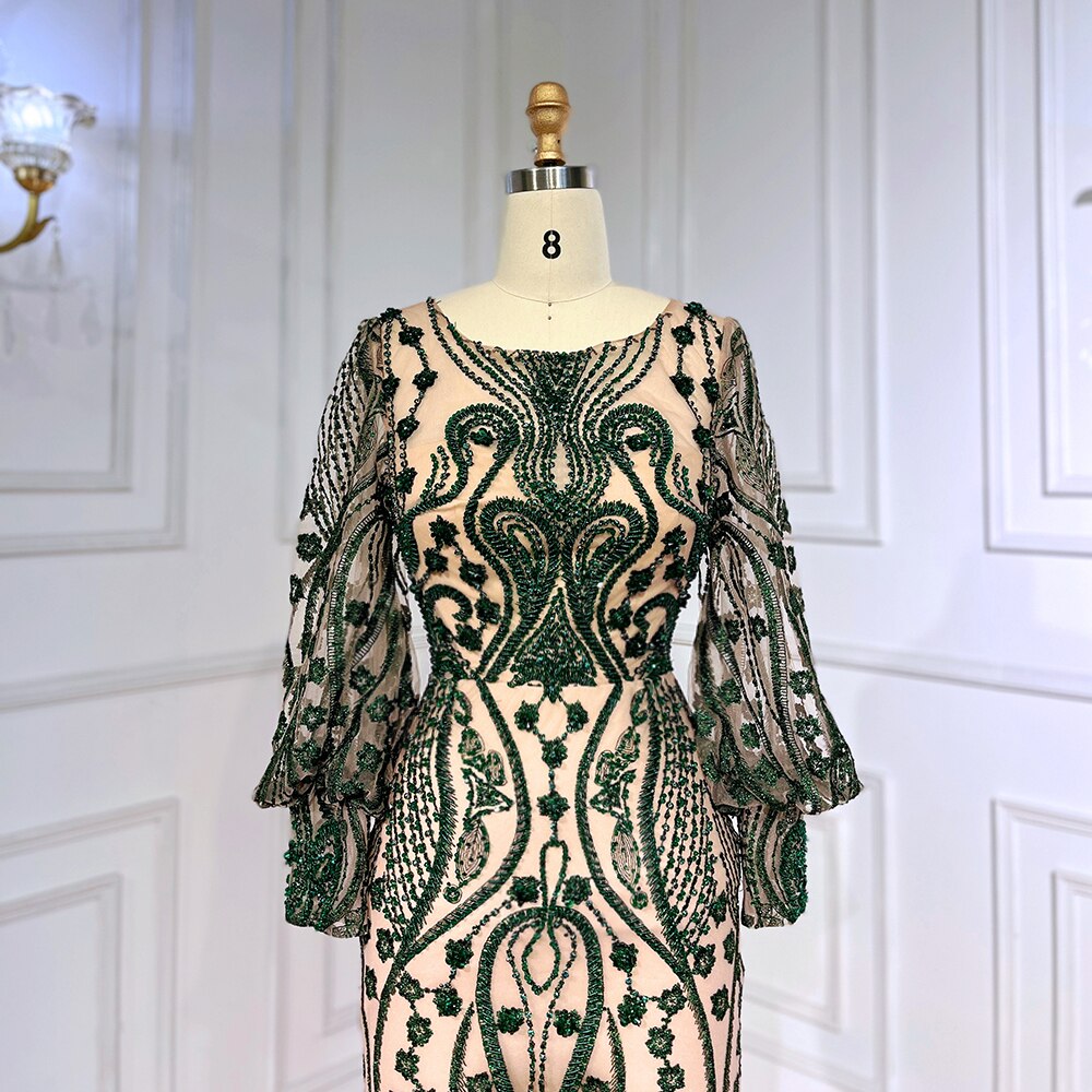 Elegante vestido de noche verde sirena con mangas abullonadas, encaje y cuentas, para mujer musulmana, fiesta 2025 LA71840 