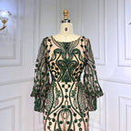 Elegante vestido de noche verde sirena con mangas abullonadas, encaje y cuentas, para mujer musulmana, fiesta 2025 LA71840 