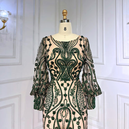 Elegante vestido de noche verde sirena con mangas abullonadas, encaje y cuentas, para mujer musulmana, fiesta 2025 LA71840 