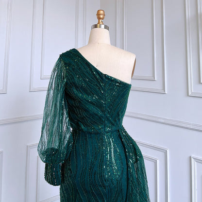 Vestido de noche elegante, sexy, de sirena verde, con un hombro al descubierto, mangas abullonadas y cuentas de lujo para mujer, vestido de fiesta LA71772 
