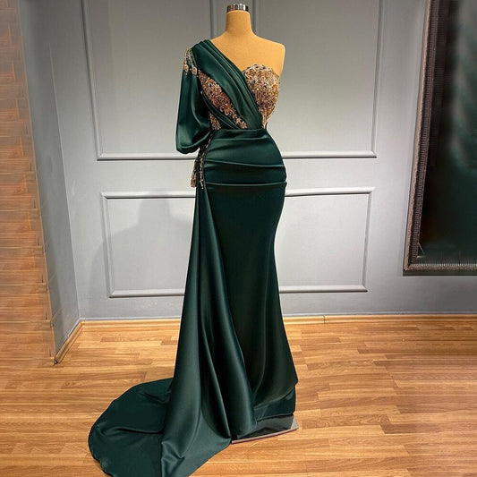 Vestido de noche elegante y sexy de satén con un solo hombro, corte sirena verde, con cuentas de lujo, para mujer, fiesta, LA71706