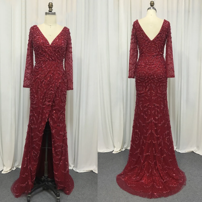 Elegante vestido de noche de sirena verde con escote en V y perlas, mangas largas, de lujo, con cuentas, para mujer, boda, fiesta, LA70499 