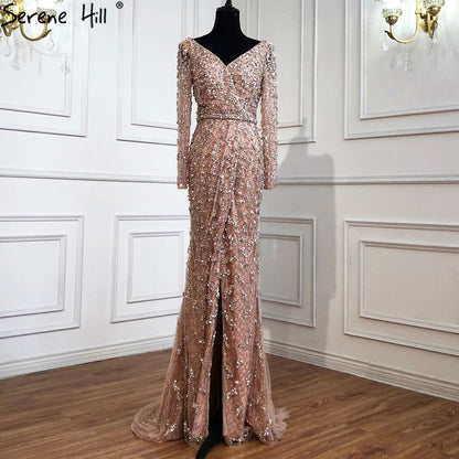 Elegante vestido de noche de sirena verde con escote en V y perlas, mangas largas, de lujo, con cuentas, para mujer, boda, fiesta, LA70499 