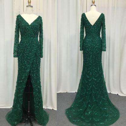 Elegante vestido de noche de sirena verde con escote en V y perlas, mangas largas, de lujo, con cuentas, para mujer, boda, fiesta, LA70499 