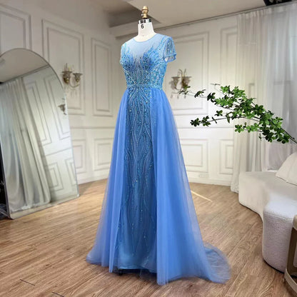 Elegante vestido de noche verde sirena con sobrefalda y cuentas, de lujo, estilo Dubái, para mujer, para boda, fiesta, 2025, LA72241 