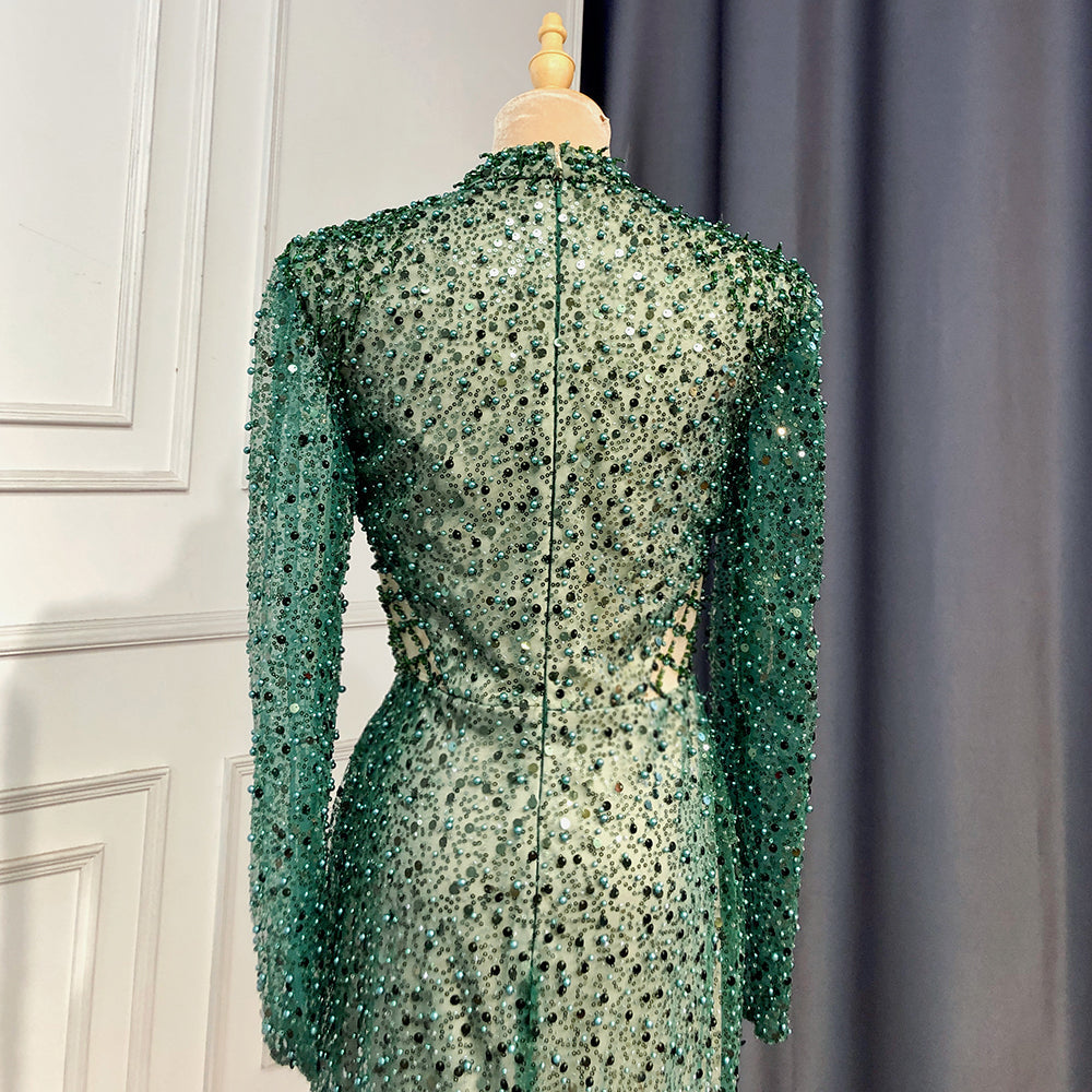Vestidos de noche de sirena verde con perlas 2025, elegantes, con abertura alta para mujer, para fiesta, cuello alto, manga larga, LA71693 