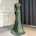Vestidos de noche de sirena verde con perlas 2025, elegantes, con abertura alta para mujer, para fiesta, cuello alto, manga larga, LA71693 