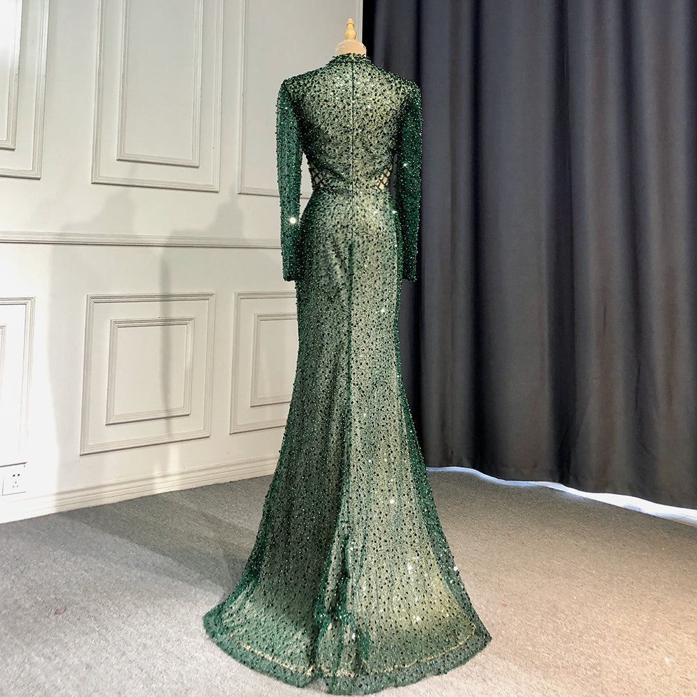 Vestidos de noche de sirena verde con perlas 2025, elegantes, con abertura alta para mujer, para fiesta, cuello alto, manga larga, LA71693 
