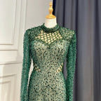 Vestidos de noche de sirena verde con perlas 2025, elegantes, con abertura alta para mujer, para fiesta, cuello alto, manga larga, LA71693 