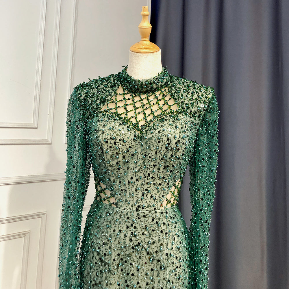 Vestidos de noche de sirena verde con perlas 2025, elegantes, con abertura alta para mujer, para fiesta, cuello alto, manga larga, LA71693 