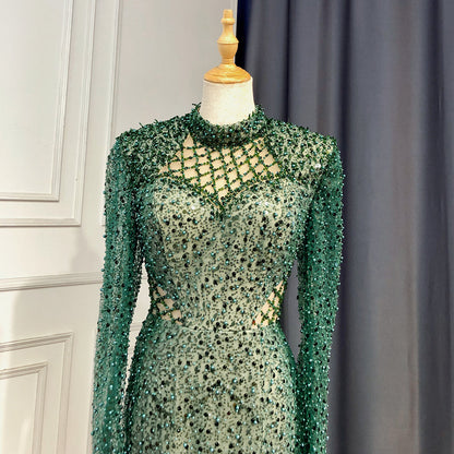 Vestidos de noche de sirena verde con perlas 2025, elegantes, con abertura alta para mujer, para fiesta, cuello alto, manga larga, LA71693 