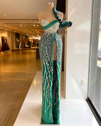 Vestido de noche verde sirena con abertura alta, 2025, de lujo, con cuentas y un hombro descubierto para mujer, fiesta LA71317 