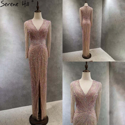 Vestido de noche verde sirena con abertura alta, elegante, de lujo, con cuentas, para mujer, fiesta, LA71385 