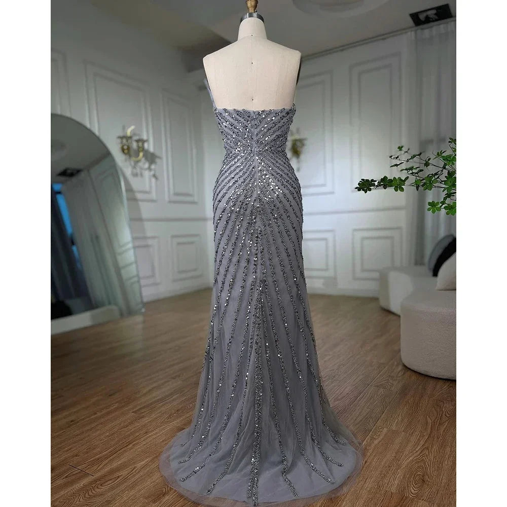 Green Mermaid High Split Off Shoulder Beaded Luxury Dubai Evening Dresses Gowns 2025 For Women Party LA72049