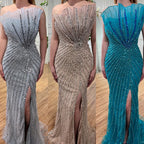 Green Mermaid High Split Off Shoulder Beaded Luxury Dubai Evening Dresses Gowns 2025 For Women Party LA72049
