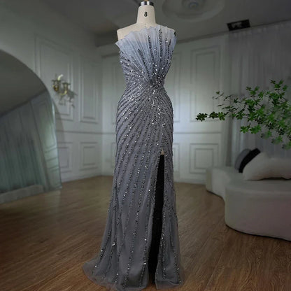 Vestido de noche de lujo estilo Dubái con escote sirena verde, abertura alta y hombros descubiertos, con cuentas, para mujer, 2025, LA72049 