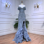 Green Mermaid High Split Off Shoulder Evening Dresses Feather Beaded Gowns Long 2025 For Women Party LA71650A