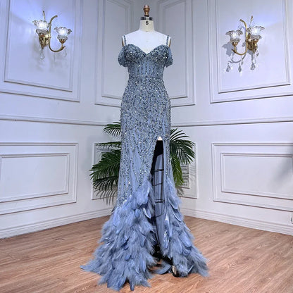 Vestido de noche largo con escote sirena, hombros descubiertos, plumas y cuentas, color verde, para mujer, 2025, LA71650A 