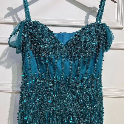 Vestido de noche largo con escote sirena, hombros descubiertos, plumas y cuentas, color verde, para mujer, 2025, LA71650A 