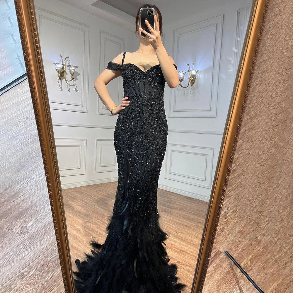 Vestido de noche largo con escote sirena, hombros descubiertos, plumas y cuentas, color verde, para mujer, 2025, LA71650A 