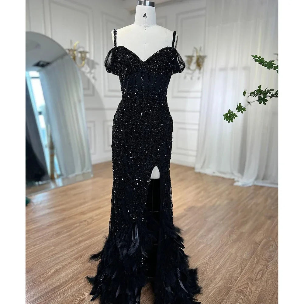 Vestido de noche largo con escote sirena, hombros descubiertos, plumas y cuentas, color verde, para mujer, 2025, LA71650A 