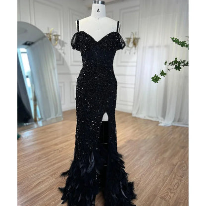 Vestido de noche largo con escote sirena, hombros descubiertos, plumas y cuentas, color verde, para mujer, 2025, LA71650A 