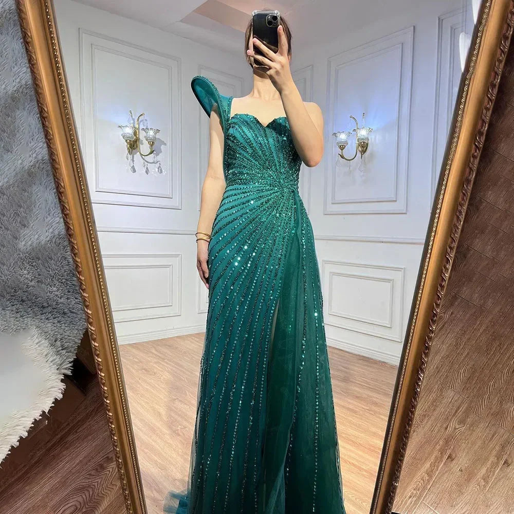 Vestido de noche verde sirena con abertura alta, un hombro y cuentas, para boda 2025 LA71779 