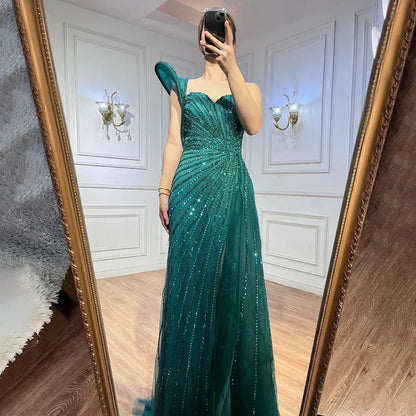 Vestido de noche verde sirena con abertura alta, un hombro y cuentas, para boda 2025 LA71779 
